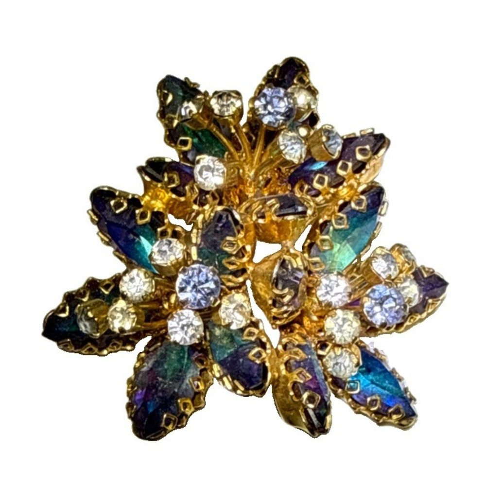 Vintage Austrian Brooch Multi Tiered Floral Aurora Borealis Rhinestone Prong Set